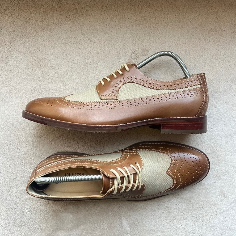 Johnston & Murphy Garner Men 8.5 Brown Leather Canvas Wingtip Oxford Shoe Preppy